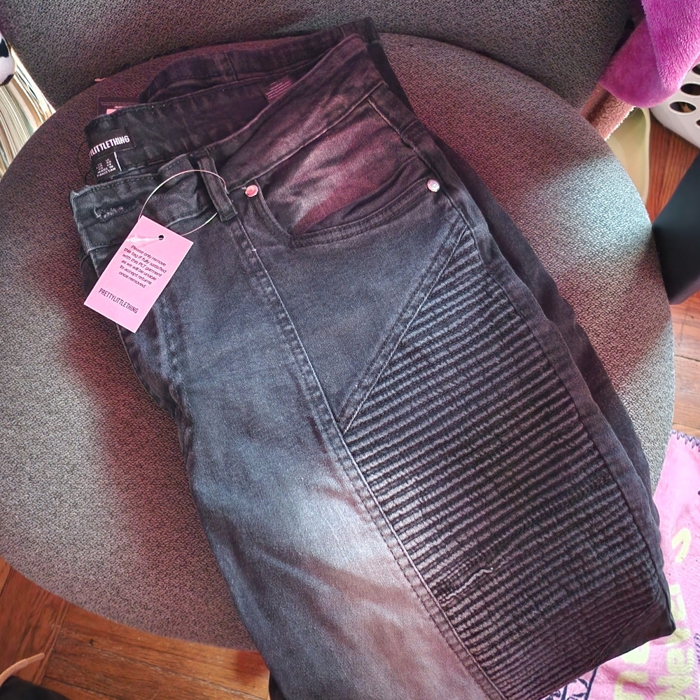 Pretty Little Thing Shape Black Stretch Denim Seam Biker Skinny Jeans Size 14